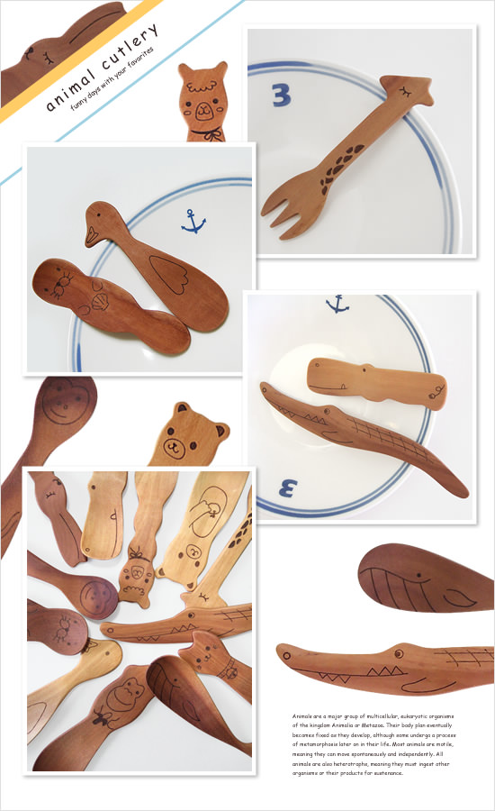 動物の形をした木製スプーン＆フォーク - Image